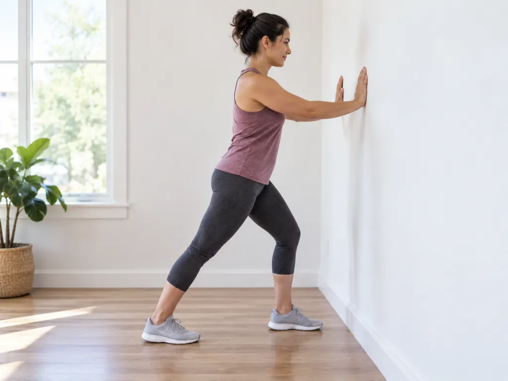 Person performing a standing calf stretch against a wall with correct form, heel pressed to the floor