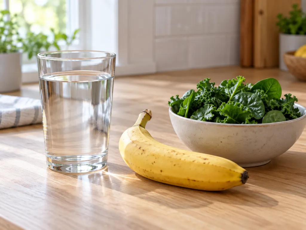 Glass of water, banana, and dark leafy greens on a wooden kitchen surface representing hydration and electrolyte-rich foods