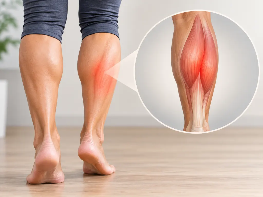 An educational illustration showing the calf area of the lower leg where cramps often occur.