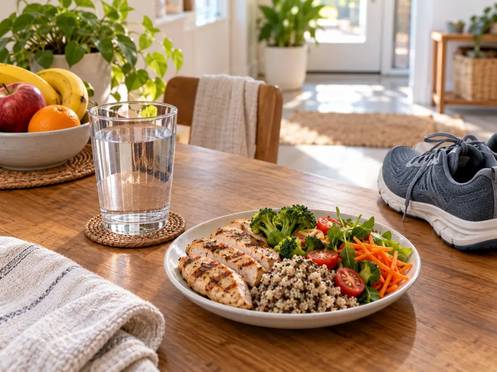 A glass of water, balanced meal, and walking shoes arranged on a table as everyday context for cramps.