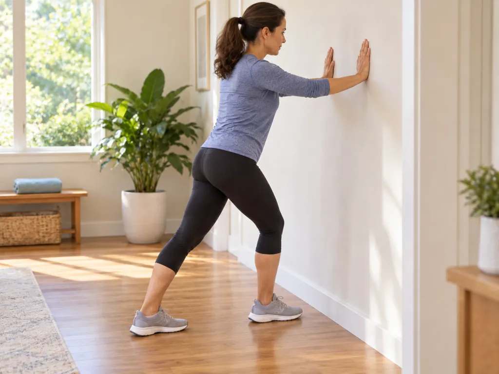 An adult performing a gentle calf stretch against a wall with safe balance.