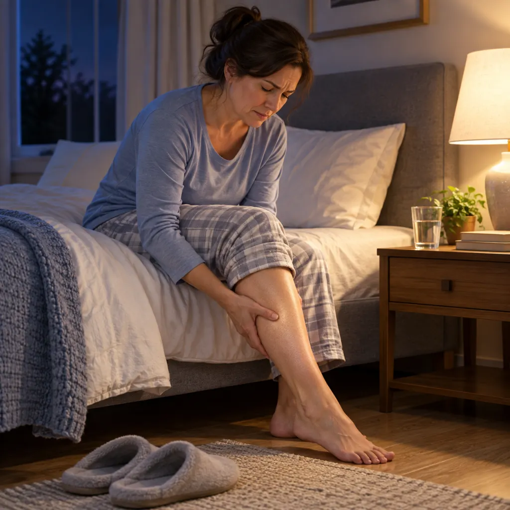 An adult sitting on the edge of a bed at night while holding a cramped calf.