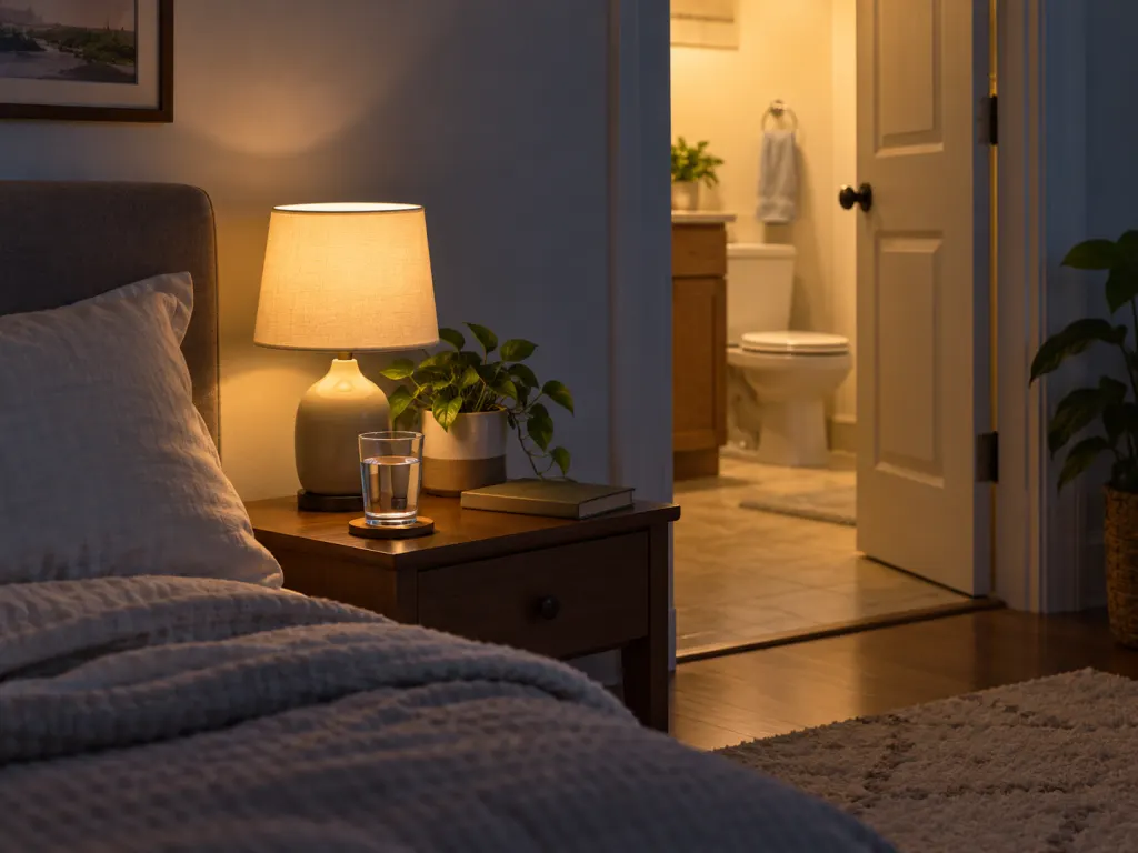 A dim bedroom with a water glass and bathroom light visible through an open doorway.
