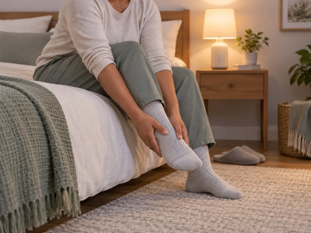 An illustrated adult sitting on a bed and holding their sock-covered feet at night.