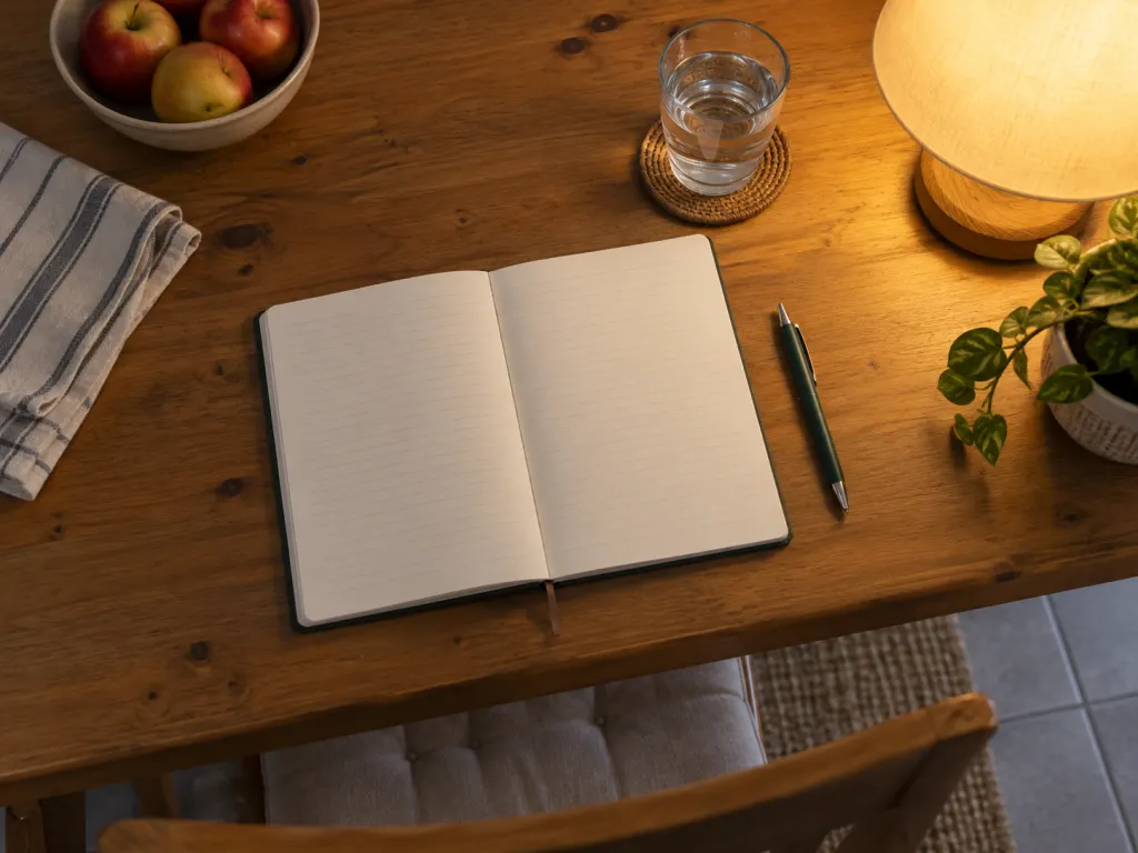 A blank notebook, pen, and water glass arranged for tracking nighttime health patterns.