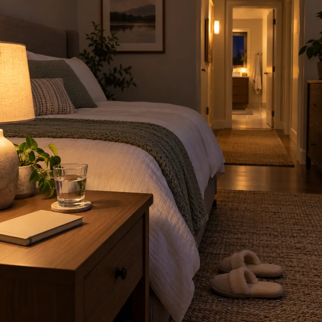 A quiet bedside scene with water, slippers, and a softly lit path toward a bathroom.