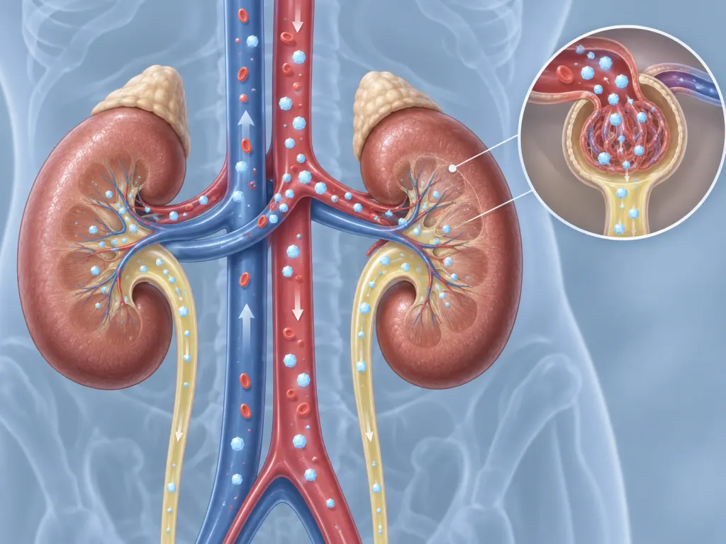 Educational illustration of the kidneys filtering excess glucose from the bloodstream