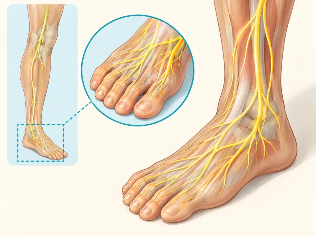 Educational illustration of nerve pathways in the foot and lower leg representing peripheral neuropathy
