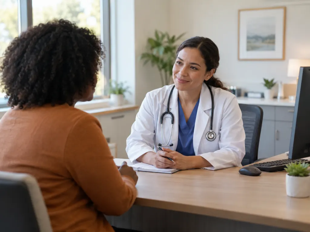 Person speaking with a healthcare provider during a calm medical consultation