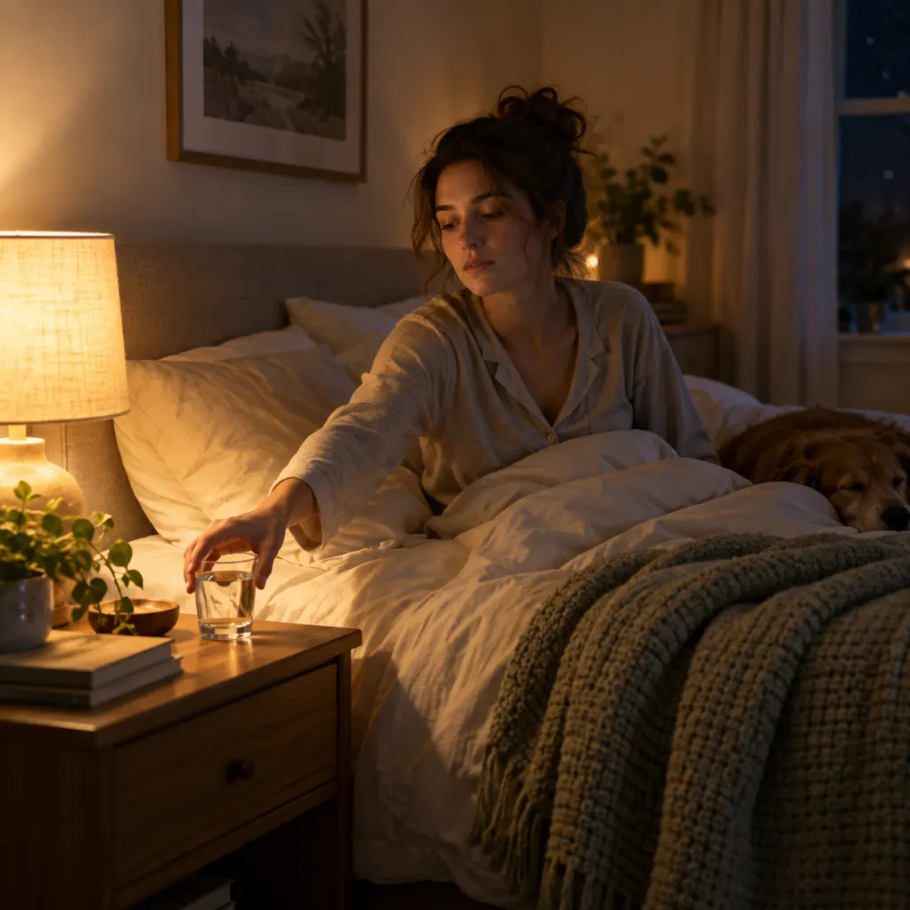 Person sitting up in bed at night reaching for a glass of water on the nightstand