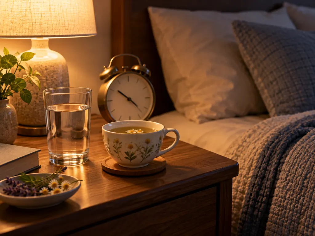 A bedside table with evening drinks and a softly lit alarm clock.