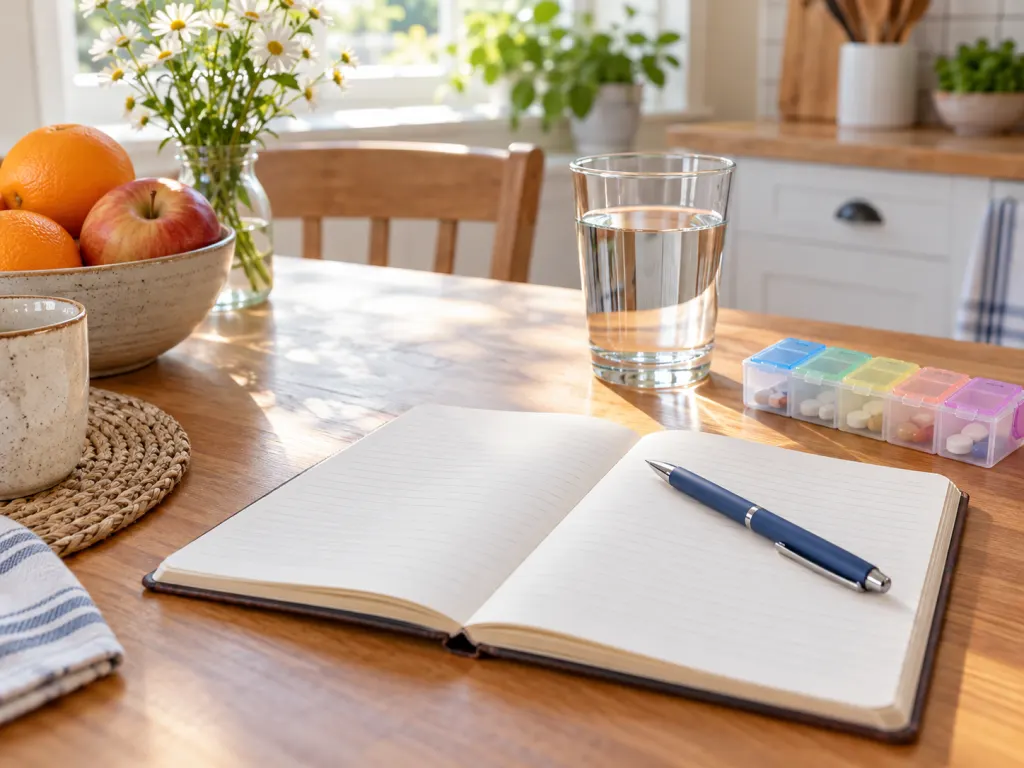 A notebook, pen, water glass, and medicine organizer arranged for tracking nighttime urination patterns.