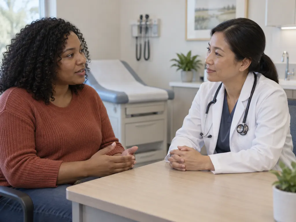 A patient and health professional discussing symptoms in a calm exam room.
