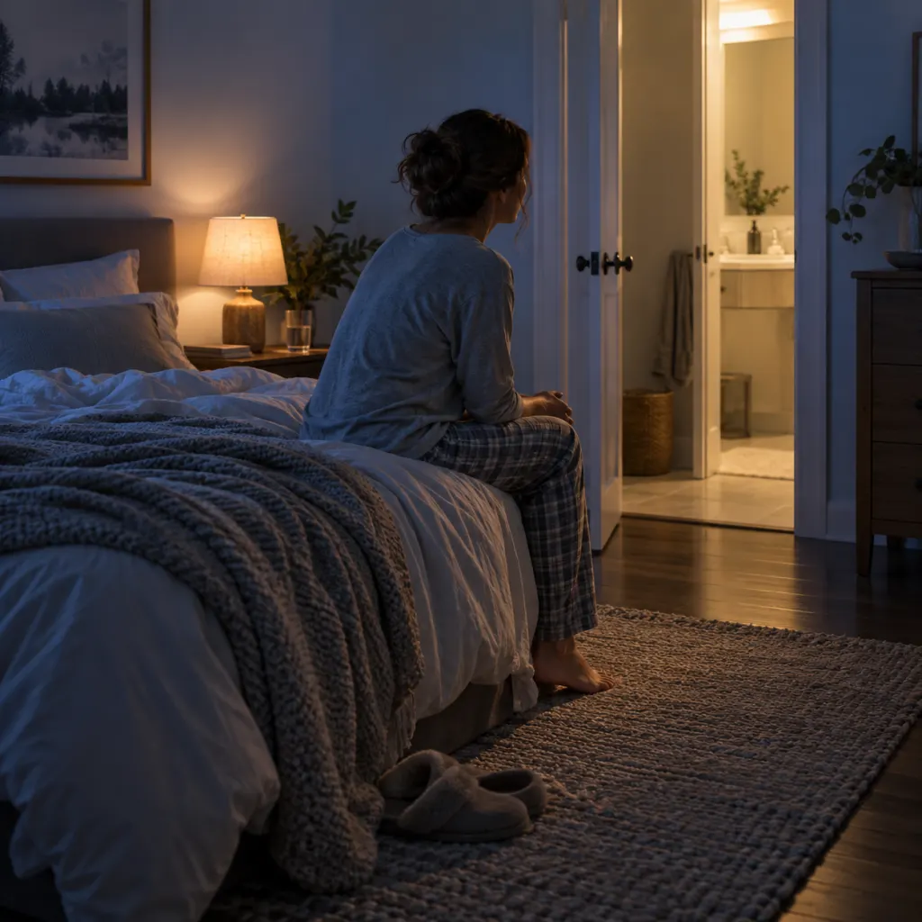 A calm nighttime bedroom scene showing a person awake near a softly lit bathroom doorway.