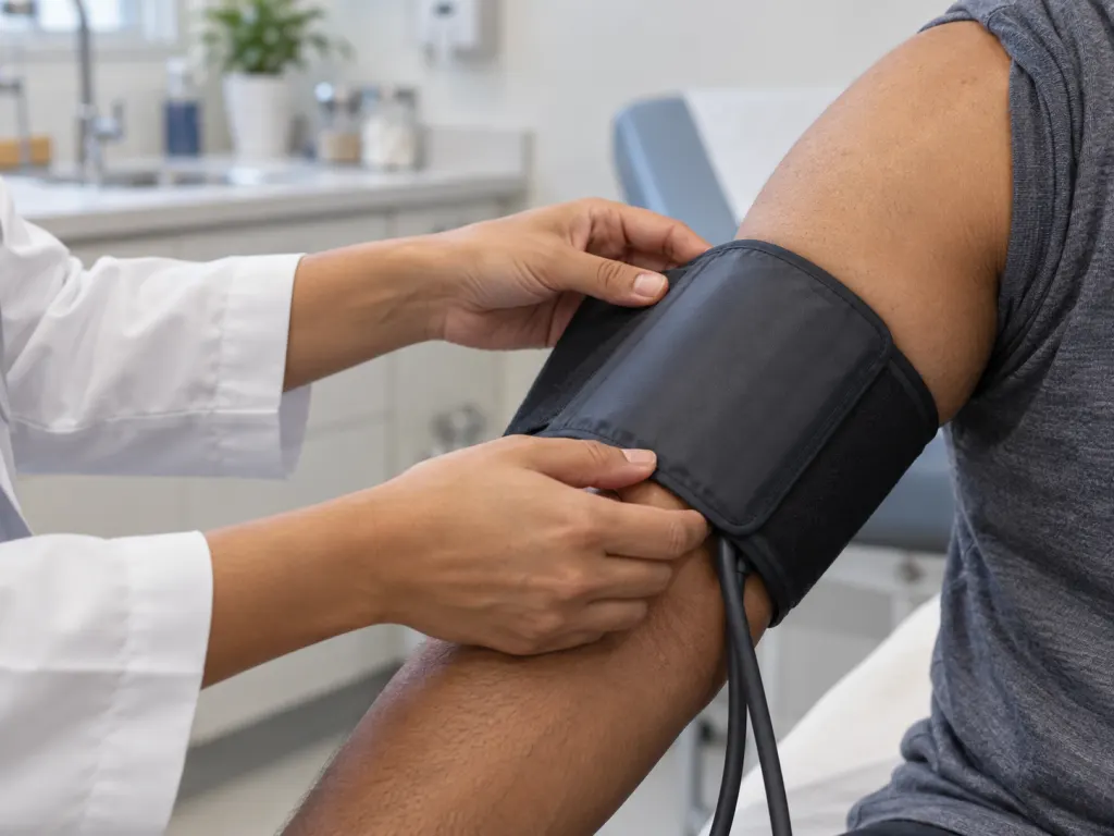 A clinician positions an upper-arm blood pressure cuff during a routine check.