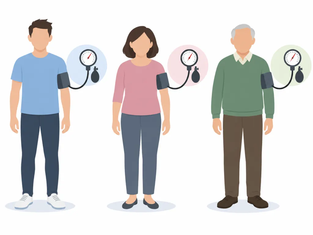 An educational illustration of blood pressure monitoring across adult age groups.
