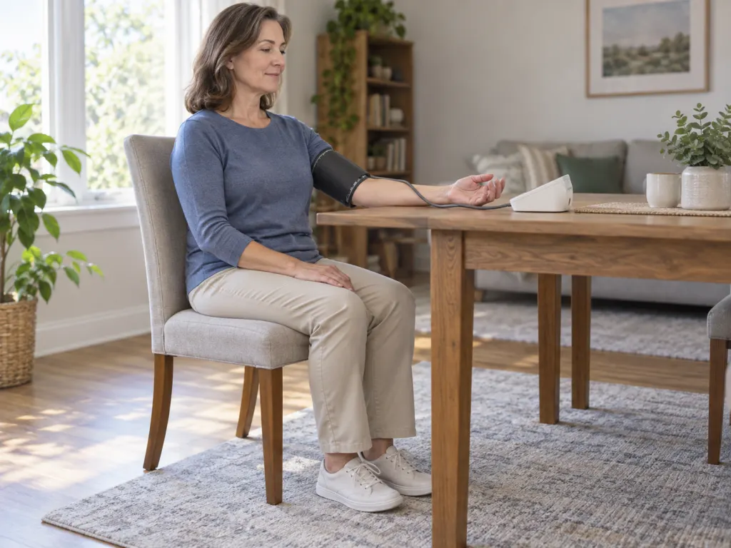 A person sits with proper posture while using an upper-arm blood pressure monitor at home.