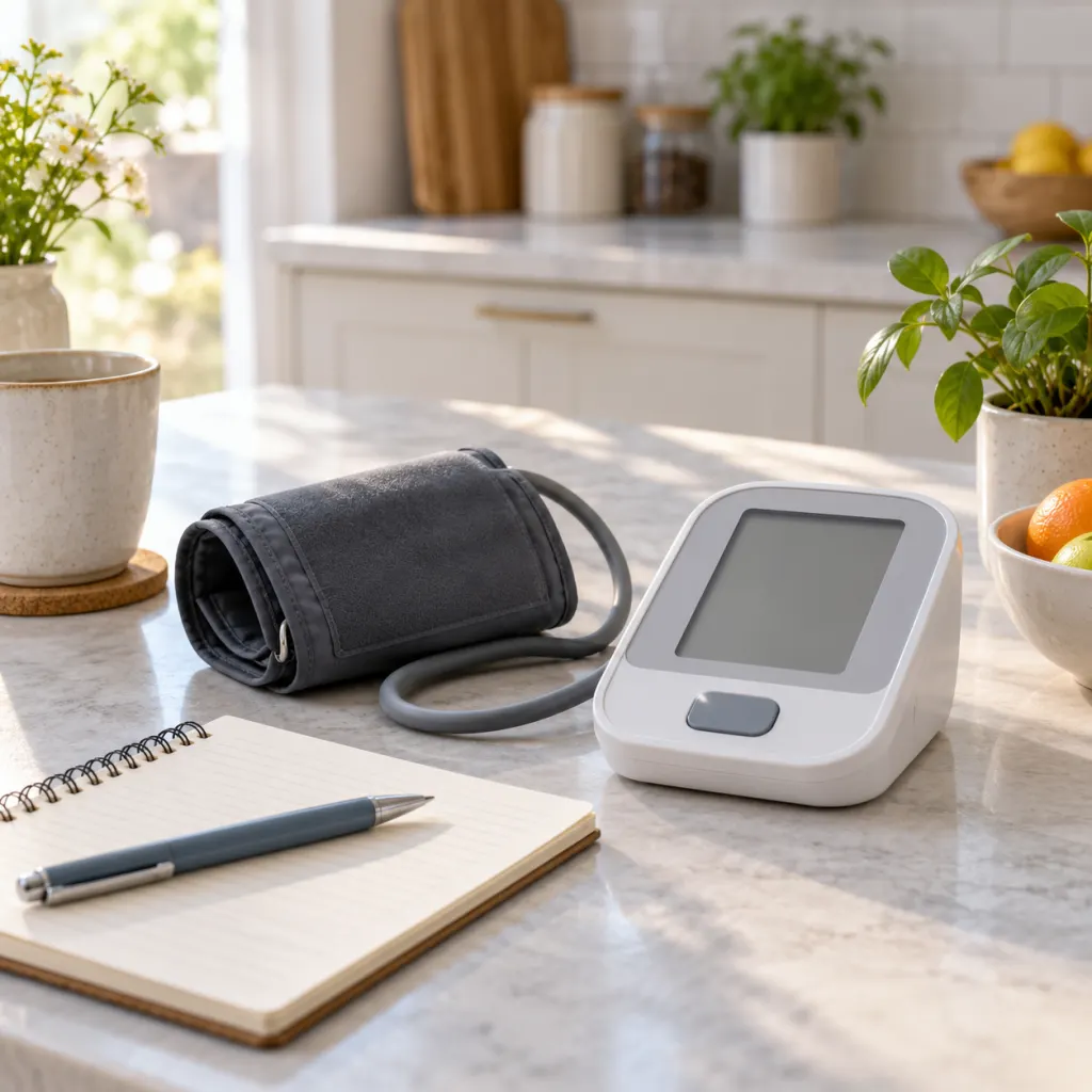 A home blood pressure monitor on a table with a notebook and pen.