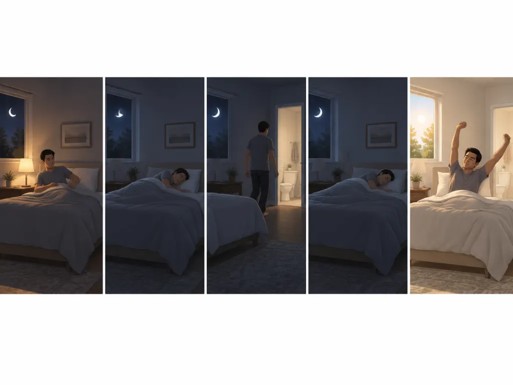 An educational illustration of a sleep period with one nighttime bathroom wake-up.