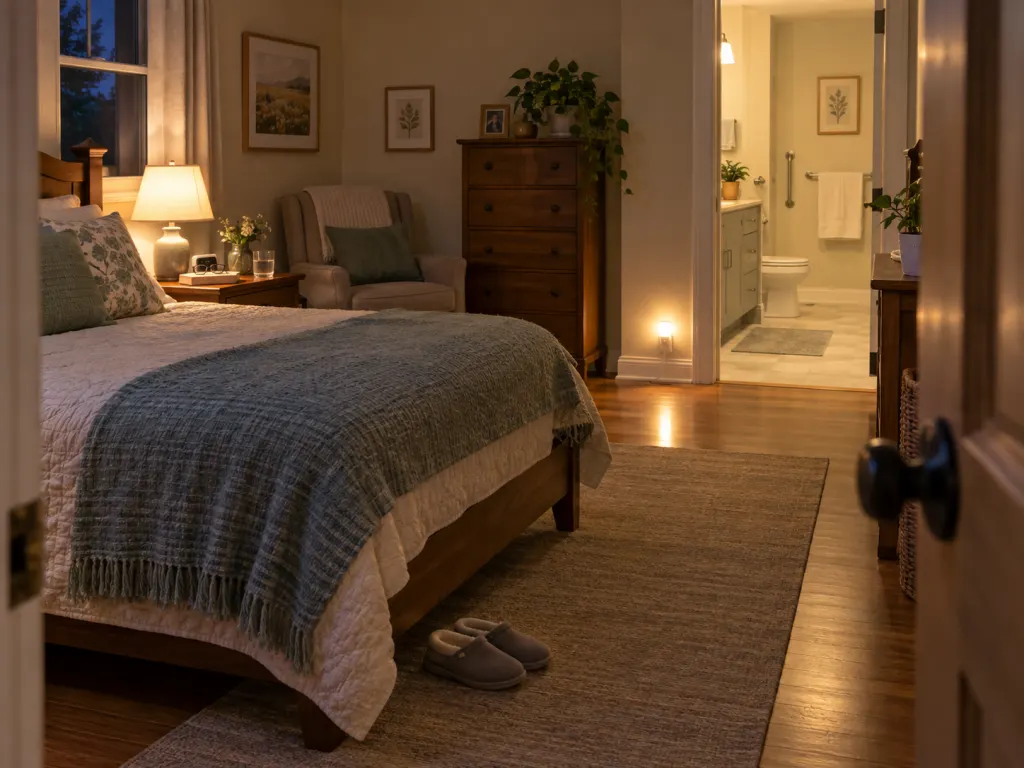 A safe nighttime path from bed to bathroom with soft lighting and clear flooring.