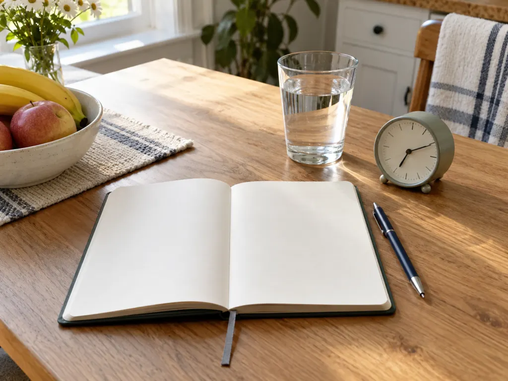 A blank notebook and water glass arranged to represent tracking nighttime urination patterns.