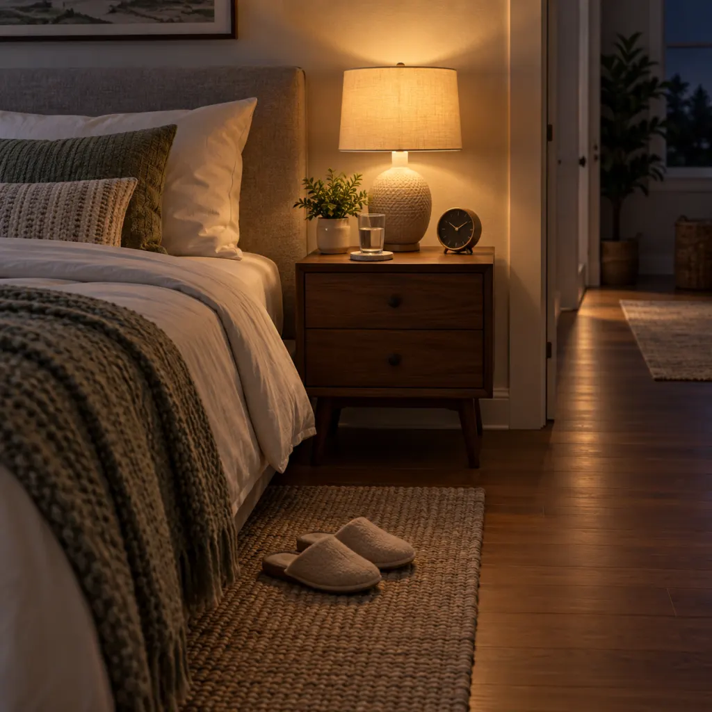 A calm bedroom nightstand scene suggesting nighttime urination and sleep routines.