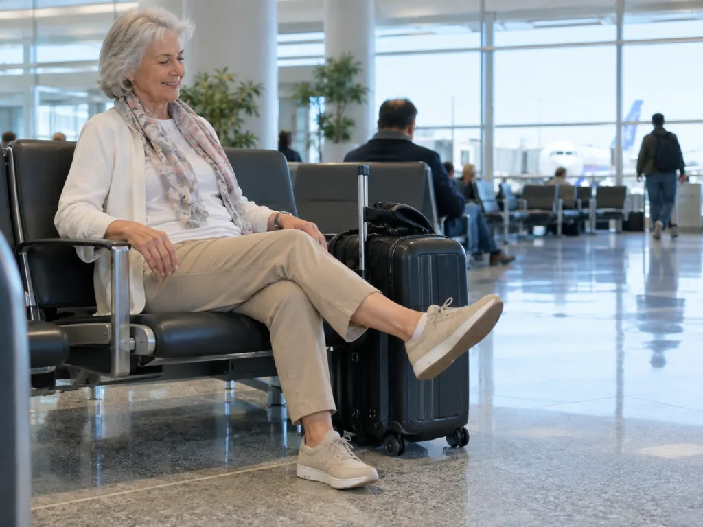 Older traveler doing gentle seated ankle movements while waiting at an airport.