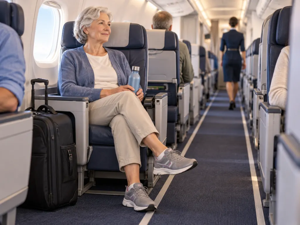 Illustration of an older passenger seated near an airplane aisle with room to move safely.
