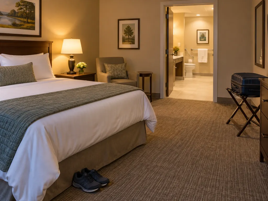 Hotel room arranged with a clear walking path, good lighting, and sturdy shoes for safer travel.