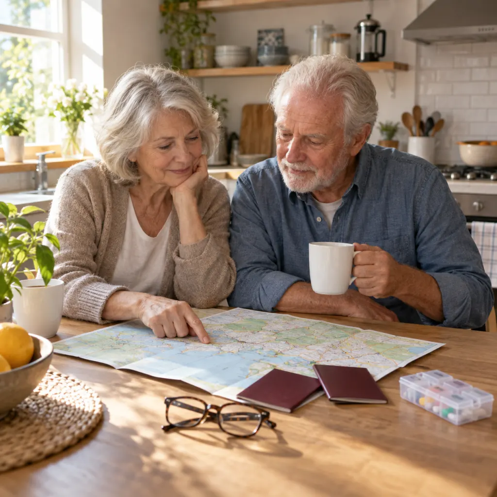 Older couple calmly planning a trip at a kitchen table with travel documents and a map.