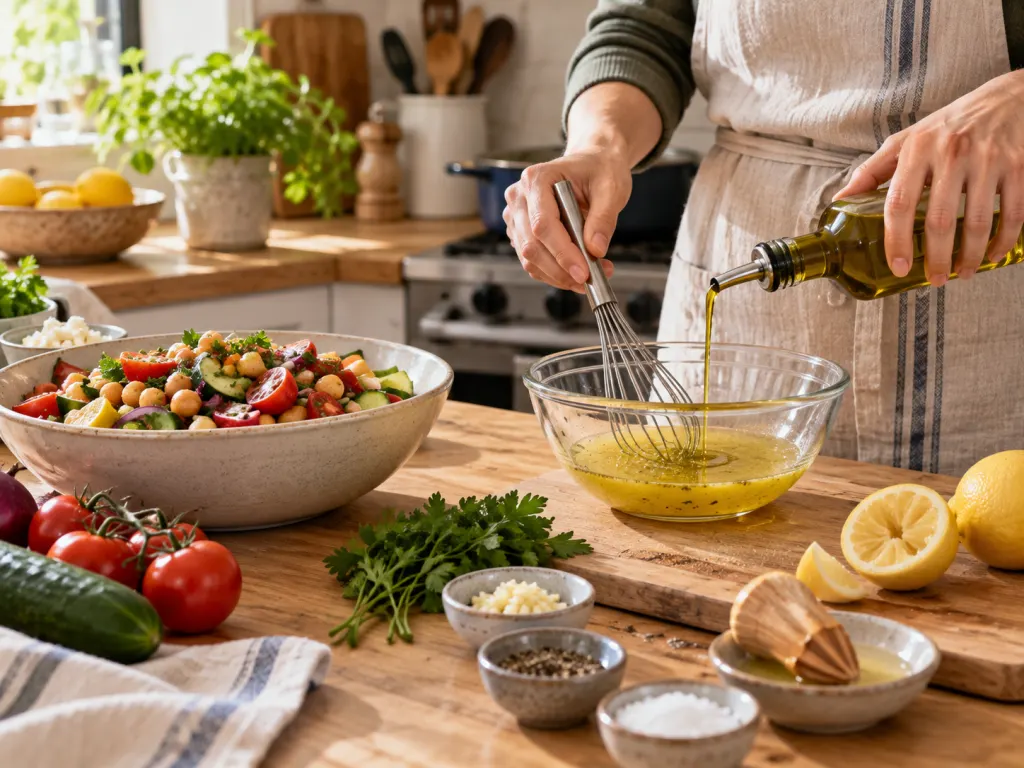 Olive oil being whisked into dressing beside vegetables and beans.