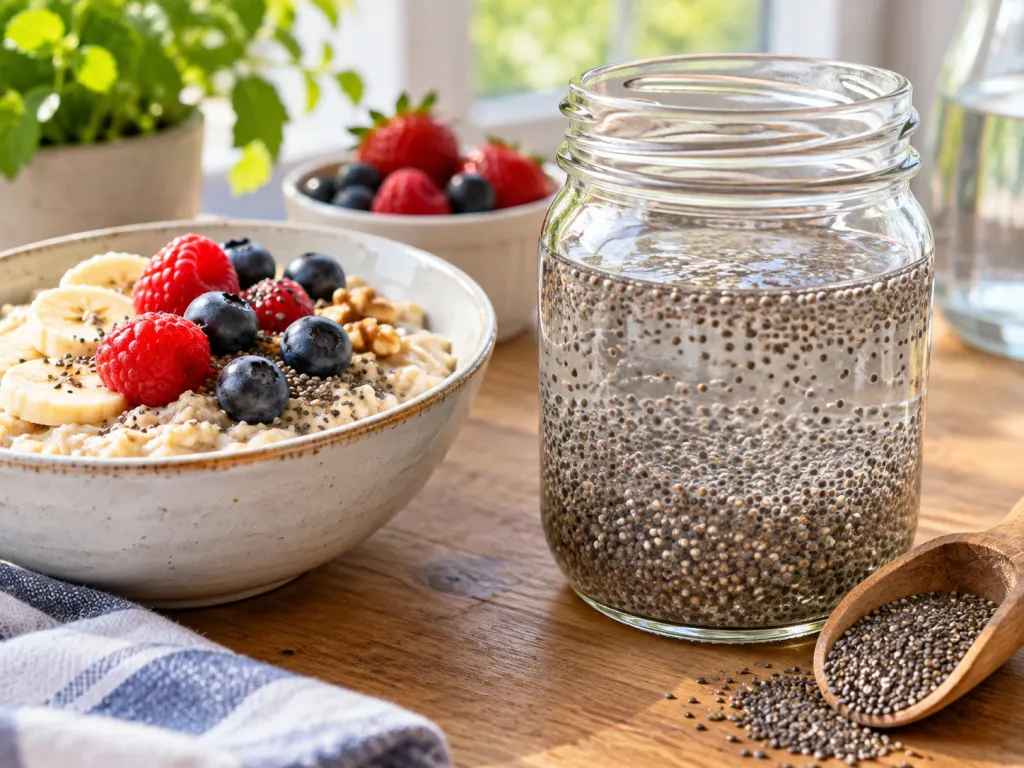 Chia seeds hydrating in a jar beside oatmeal and berries.
