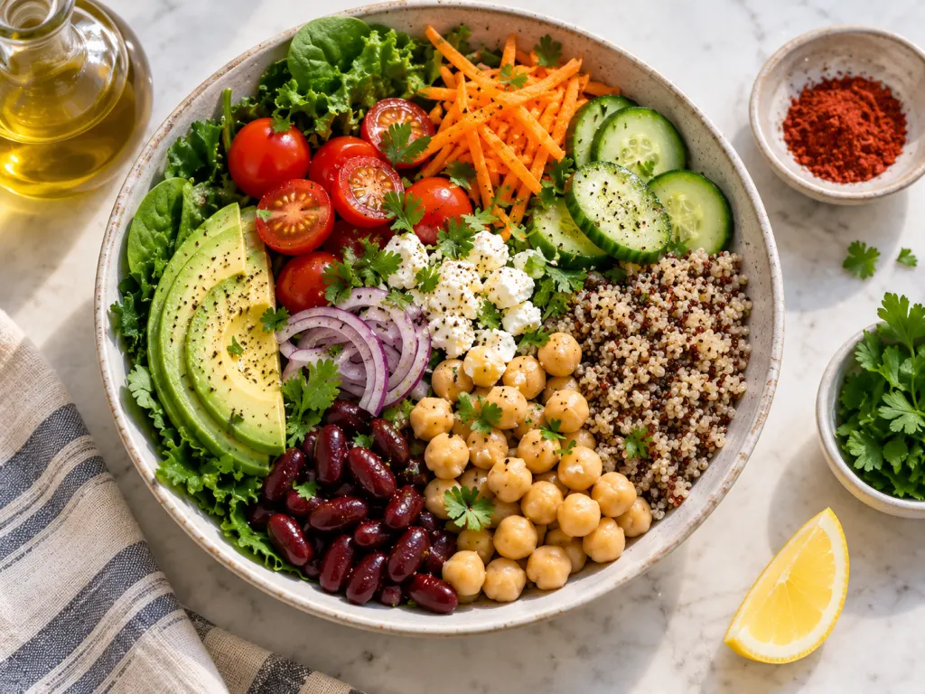 A balanced meal bowl with greens, beans, grains, olive oil dressing and cayenne.