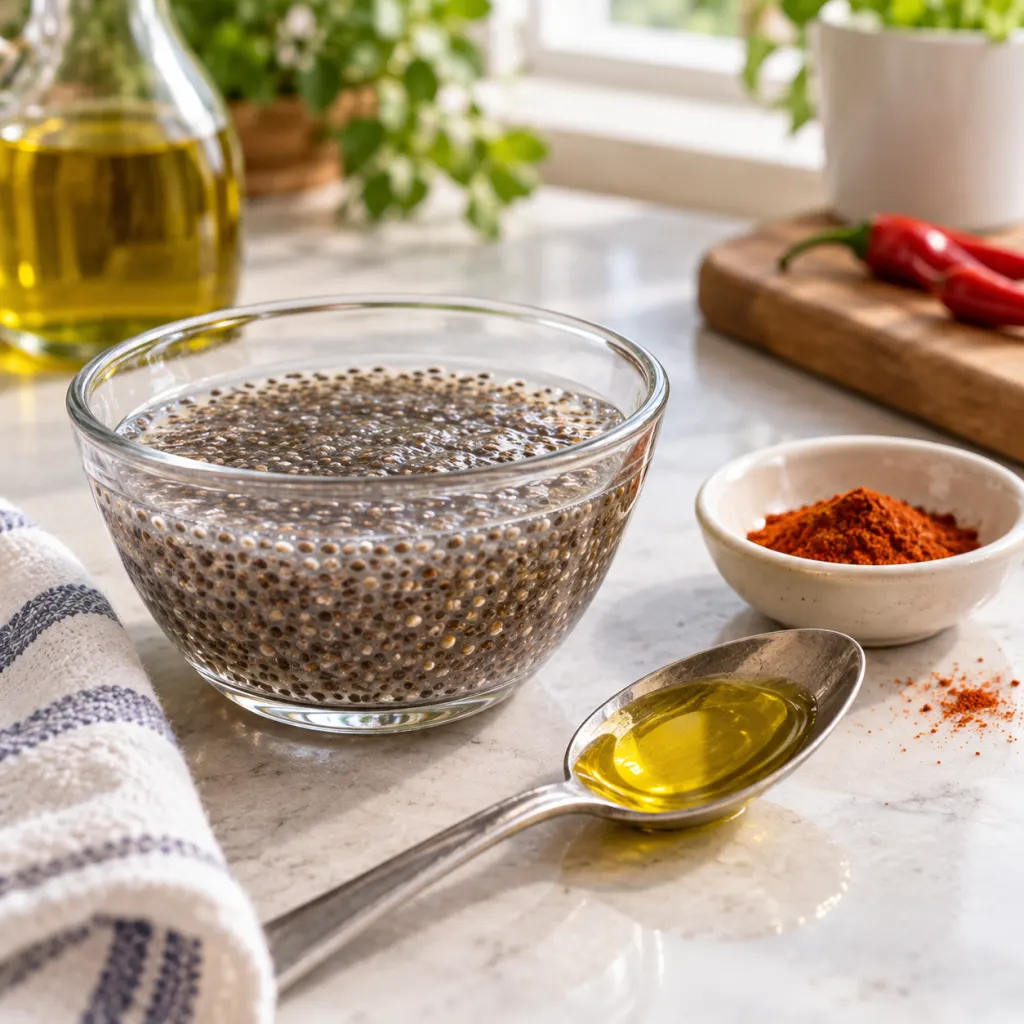 Hydrated chia seeds, olive oil and cayenne pepper arranged on a kitchen counter.