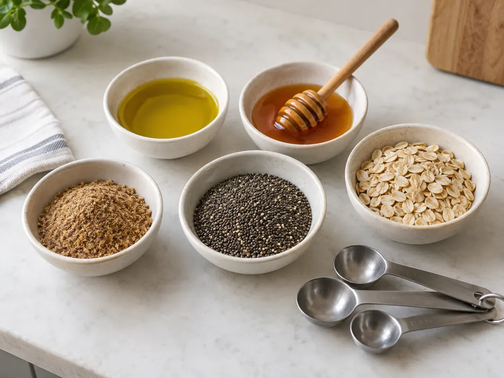 Different spoonful ingredients are arranged in small bowls with measuring spoons.