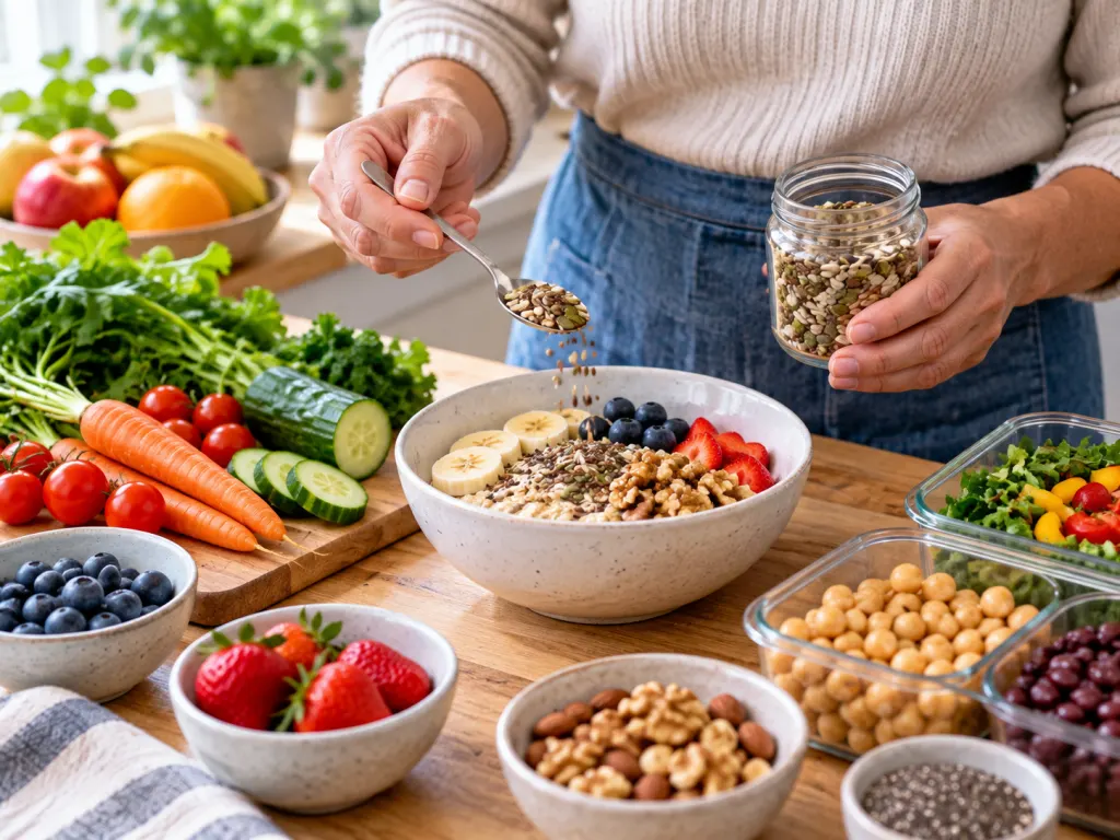 A spoonful of seeds is added to oatmeal as part of a balanced meal-prep setting.