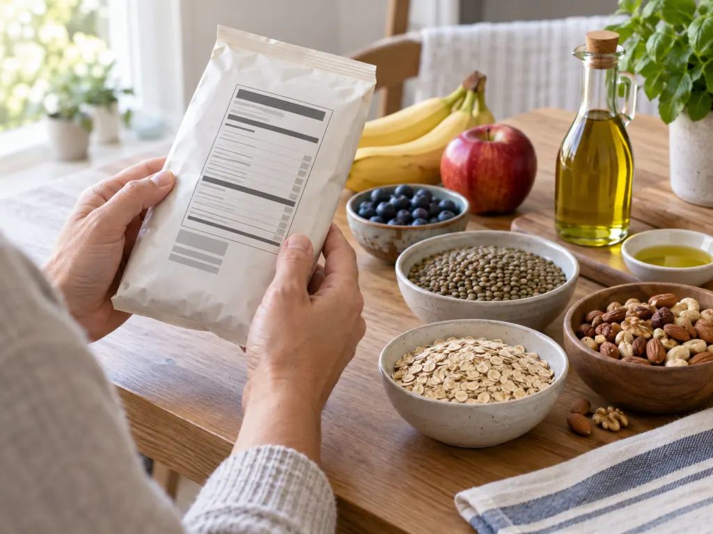 A person reviews a blank nutrition label beside oats, lentils, fruit, nuts, and olive oil.