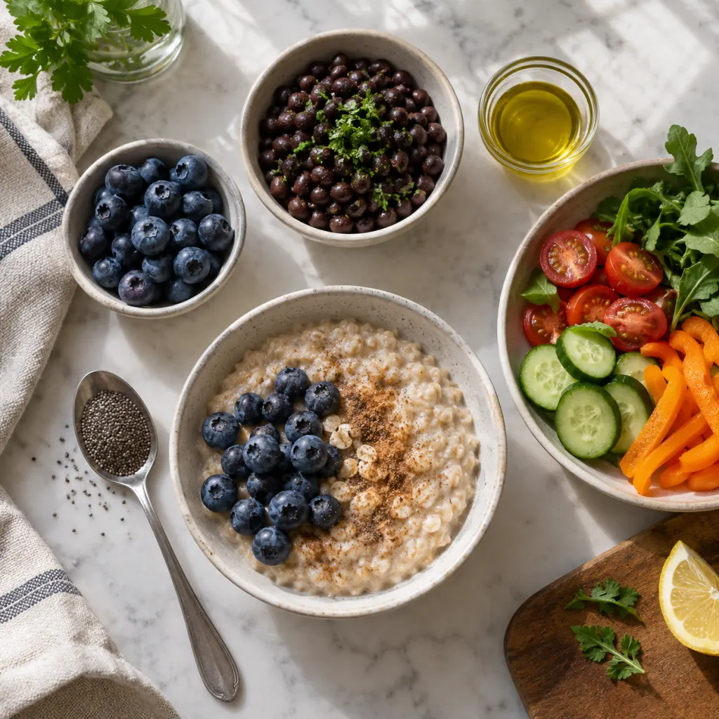 A spoonful of seeds shown beside several fiber-rich foods and simple meal ingredients.