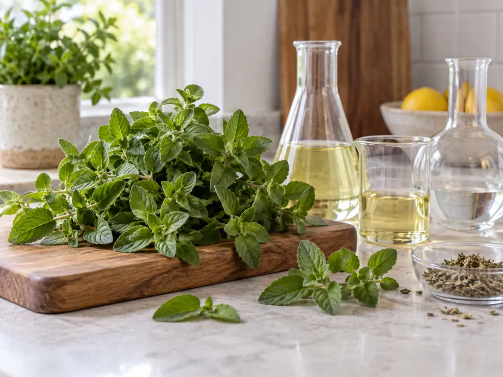 Oregano leaves arranged beside neutral laboratory glassware to suggest research context.