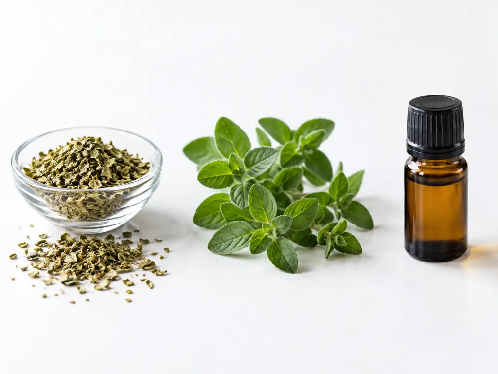 Dried oregano, fresh oregano, and a sealed oil bottle displayed as separate preparations.