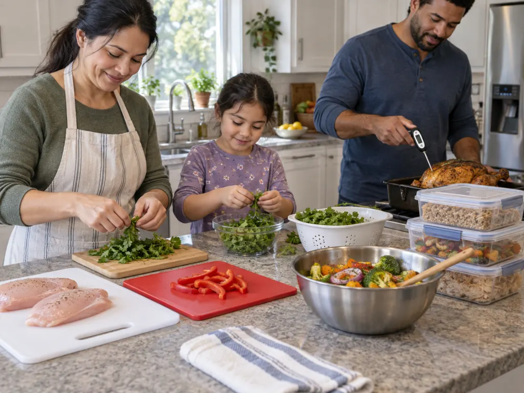 A clean kitchen setup with oregano, cutting boards, a thermometer, and covered leftovers.