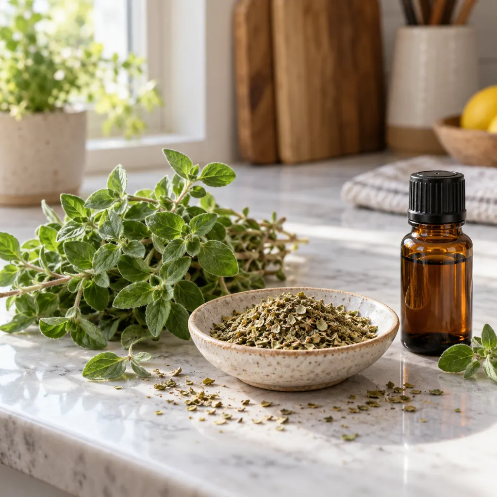 Fresh oregano, dried oregano, and an amber oil bottle on a clean kitchen counter.