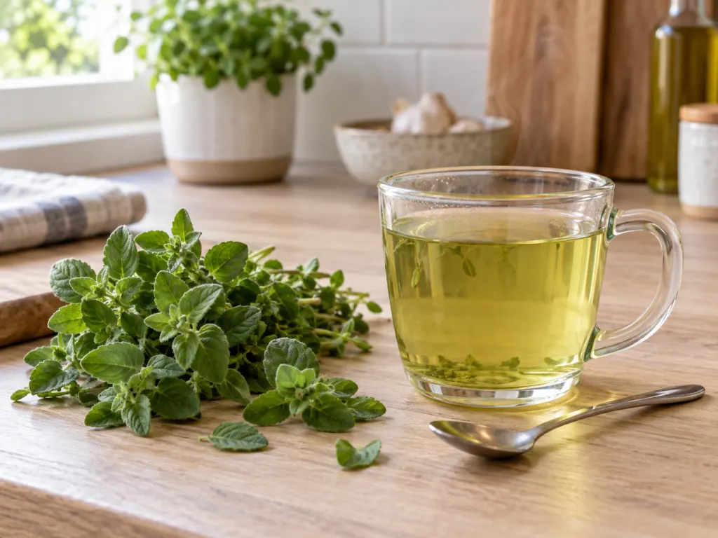 Oregano leaves beside a pale herbal infusion in a glass mug.