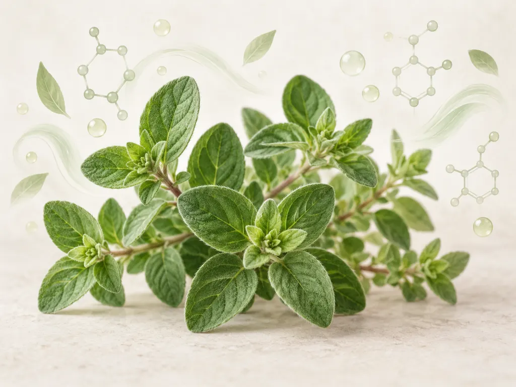 Illustrated oregano leaves with abstract shapes representing aromatic compounds.