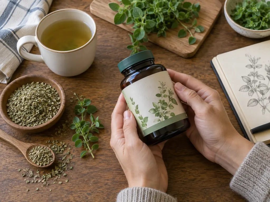A supplement bottle, oregano, and tea arranged for label-reading context.
