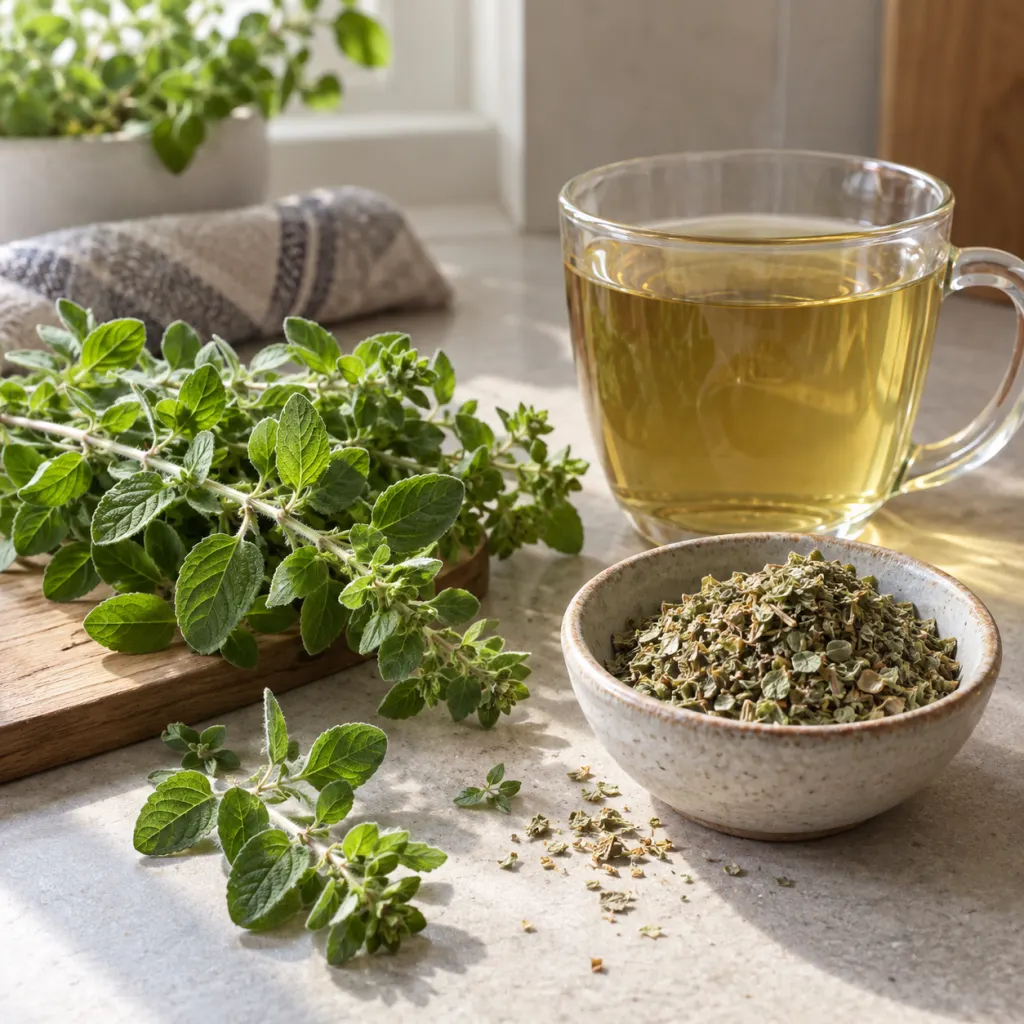 Fresh oregano, dried oregano, and a cup of herbal infusion on a kitchen counter.