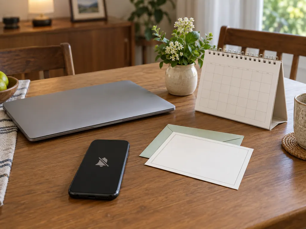 A table with a laptop, muted phone, paper invitation, and family calendar arranged neatly.
