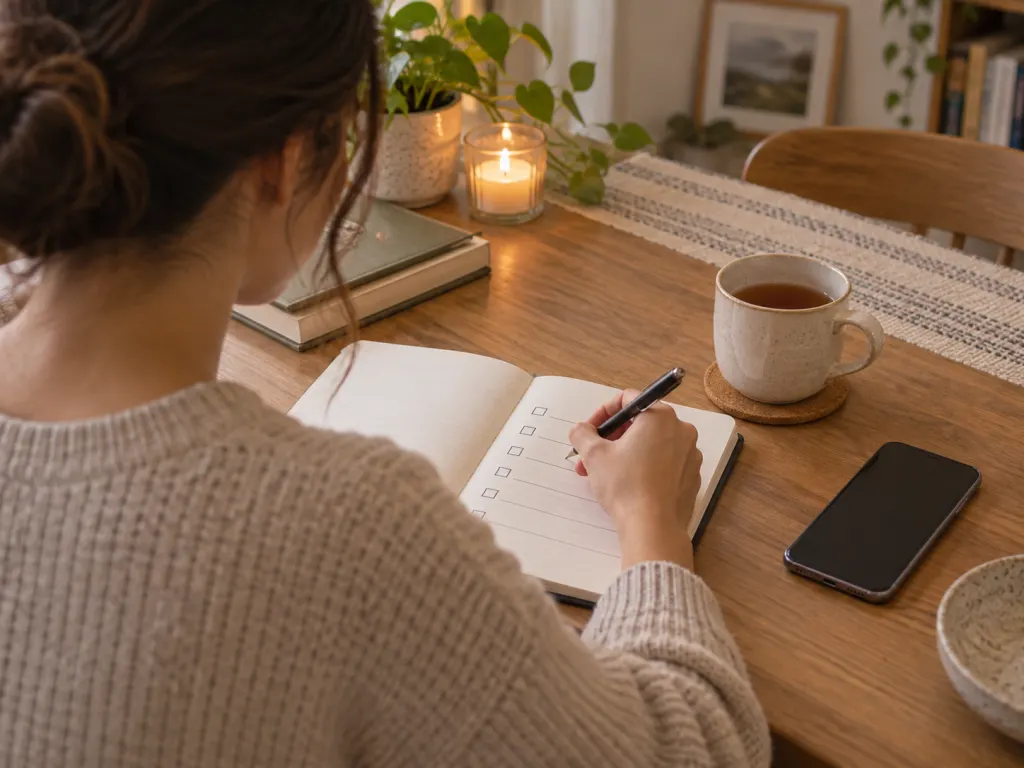 A person writes a catch-up checklist in a notebook beside a quiet phone.