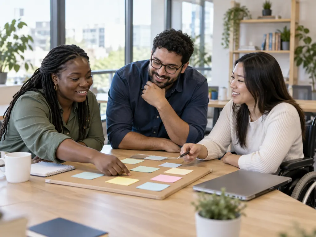 Three colleagues calmly review a project board together in a bright office.