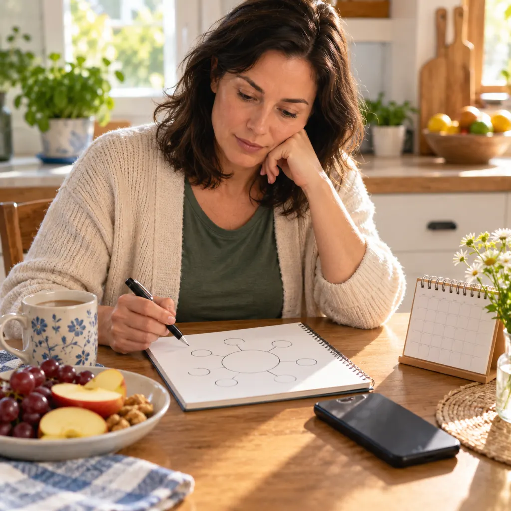 A person calmly sorting notes at a kitchen table with a phone and calendar nearby.